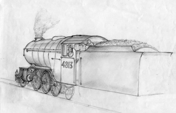 This unfinished sketch of V2 locomotive No.4813 drawn by Boris records the locomotive on which he had his first trip to King's Cross as a fireman. Lent by Boris Bennett.