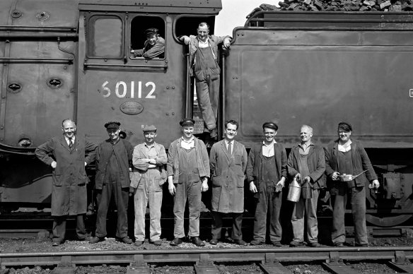 Roy (fourth from left) with a group of locomotive crew and shed staff on 1st August 1963. Photograph by Cedric A. Clayson.