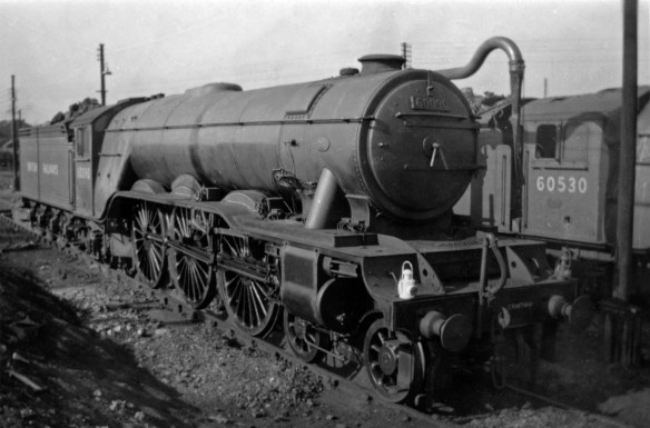 Class A3 locomotive No.60090 Grand Parade at Grantham Loco in August 1949, with Class A2 No.60530 Sayajirao alongside. Photograph lent by Peter Wilkinson.