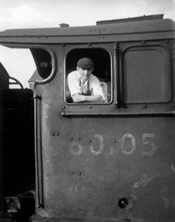 George in the cab of A3 locomotive No.60105 Victor Wild at Grantham loco shed. Photograph lent by George Fielding.