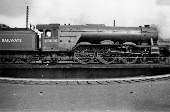 BR Class A3 No.60090 'Grand Parade' on the turntable at Grantham Loco in 1949 or 1950. At this time it was painted in the apple green livery of the former LNER. Photograph lent by Peter Wilkinson