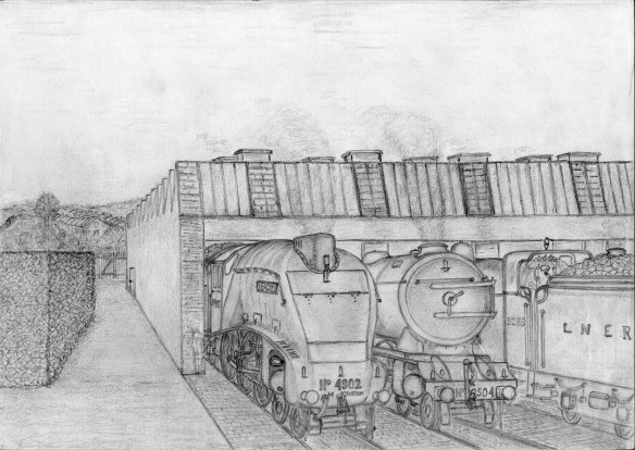 This is a sketch of the Top Shed at Grantham 'Loco' drawn by Boris in the 1940s. The locomotives are (left to right) A4 No.4902 Seagull, A3 No.2504 Sandwich and C1 Large Atlantic No.3288. On the left is the stack of coal kept as a reserve in case the supply from the Yorkshire pits was interrupted. Lent by Boris Bennett.