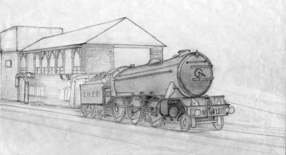 This is a sketch of K3 locomotive No.127 at Grantham shed after the trip, with the coal stage beyond. Boris has turned the locomotive around for the drawing - they arrived at the Loco facing south. Lent by Boris Bennett.