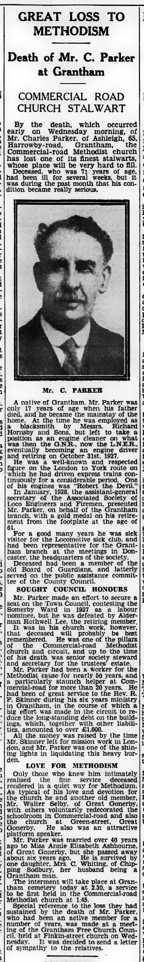 Charles Parker's obituary in The Grantham Journal of 16th October 1937. From The British Newspaper Archive http://www.britishnewspaperarchive.co.uk/ Image © THE BRITISH LIBRARY BOARD. ALL RIGHTS RESERVED.